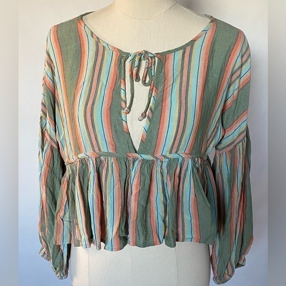 O'Neill Boho Striped Rosie Crop Top Long Sleeve Elastic Band Tie Front Medium - Picture 2 of 11